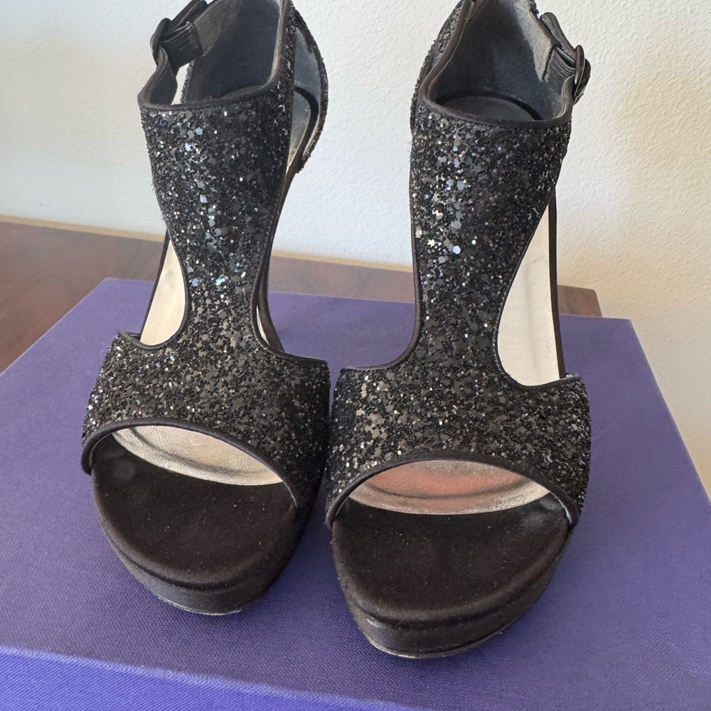 Black Glitter Platform Heels with Ankle Strap